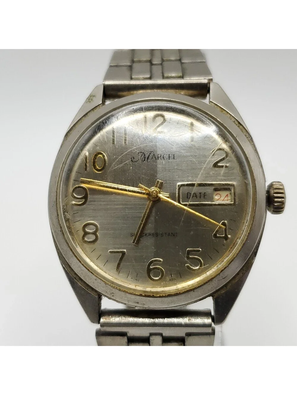 Vintage Mens Marcel Watch Running Fast Silver Tone Day/Date Dial